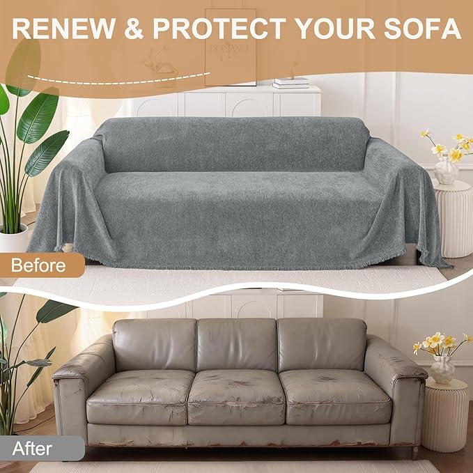 Smiry Couch Cover for Dogs, Washable Chenille Sofa Covers for 3 Cushion Couch, Soft Sofa Slipcover for Pets, Thick Sectional Furniture Protector with Tassels (Grey, 71x91 Inch)