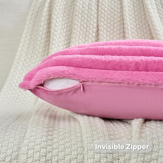 FUTEI Hot Pink Decorative Throw Pillow Covers Set of 2, 12x20 Inch Soft Fluffy Faux Fur Plush Striped Lumbar Pillowcases, Modern Home Decor for Couch Bed Living Room