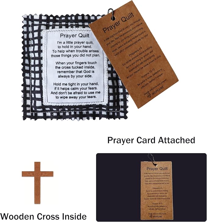 Mini Prayer Quilt with Cross Inside Vintage Pocket Scripture Prayer Quilt Squares Sympathy Christian Gifts for Women Pastor Appreciation Father's Day Graduates Gifts (Black)