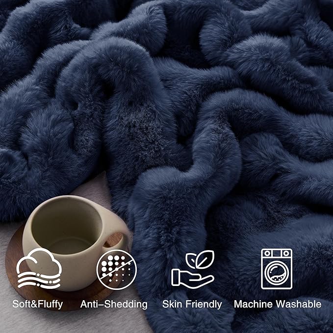 Comelady Faux Rabbit Fur Throw Blanket for Couch,Soft Fluffy Thick Bubble Blanket for Bed Sofa Room Decor-Lightweight Cozy Fuzzy Blanket Gifts for Women Men,Navy Blue,50"×60"