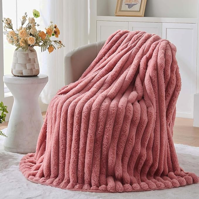 Lotus Karen Faux Fur Twin Blanket for Couch, Cozy Soft Fluffy Fuzzy Pink Blanket, Striped Warm Thick Furry Plush Shaggy Small Blankets for Women, 60x80 Inches