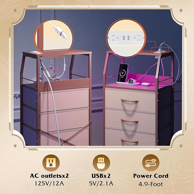 WLIVE 4 Drawer Dresser for Bedroom, 37" H Nightstand with Charging Station and Led Light, Tall Night Stand Bed Side Table, End Table with USB Ports and Outlets, Fabric Bins, Wood Shelf, Pink