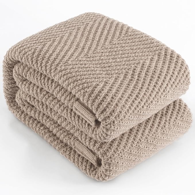 Knitted Throw Blanket 50"X60", Taupe Knit Throws for Bed, Super Soft Boho Chevron Blankets for Couch Sofa Chair Room Decor, Textured Decorative Farmhouse Cozy Lightweight