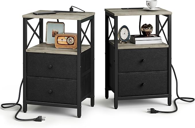 Nightstand Set of 2,Nightstands with Charging Station, Small Bedside Table with Storage, End Table with USB Ports & Outlets,with Fabric Drawers,for Couch, Bedroom(Natural Greige) LET105QK-2