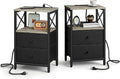 Nightstand Set of 2,Nightstands with Charging Station, Small Bedside Table with Storage, End Table with USB Ports & Outlets,with Fabric Drawers,for Couch, Bedroom(Natural Greige) LET105QK-2