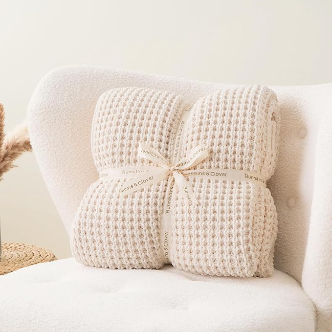 Bunnikins & Clover Cream White Throw Blanket for Couch, Waffle Ivory Throw Blanket for Bed, Warm Decorative White Blanket Throw for Home Decor, 60"x80"