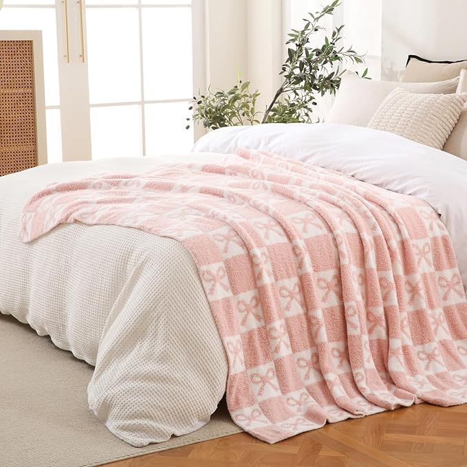 YIRUIO Pink Checkered Knit Throw Blanket with Bow Pattern for Women Daughter 50x60 Ultra Soft Microfiber Reversible,Fluffy Fuzzy Cozy Throw for Bed, Sofa & Couch Home Decor
