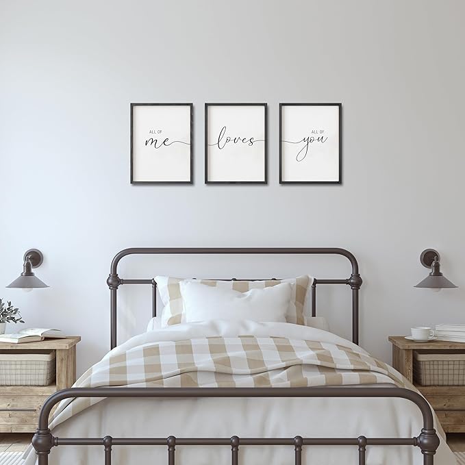 Set of 3 Framed Farmhouse All of Me Loves All of You Sign 11x14” Above Bed Wall Decor for Bedroom Decor Wall Art Wood Signs (Black, 16"x24")