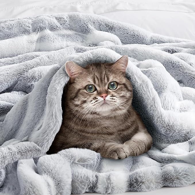 Hyde Lane Luxury Fluffy Faux Rabbit Fur Throw Blanket - Ultra Soft Cozy Blankets for Sofa, Couch, Bedroom | Warm Thick Fuzzy Throws As a Gift, Snow Lynx, 50"x60"