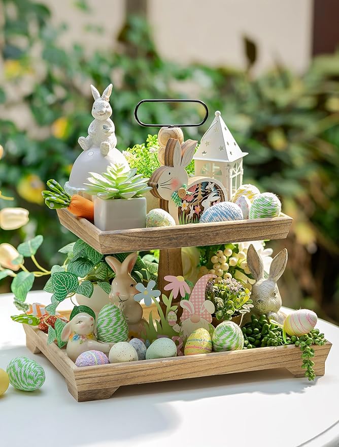Hanobe Tiered Tray for Table Decor: Spring 2 Tier Decorative Tray Stand for Coffee Bar - Large Farmhouse Display Stands for Seasons - Wood for Kitchen Counter Decorations