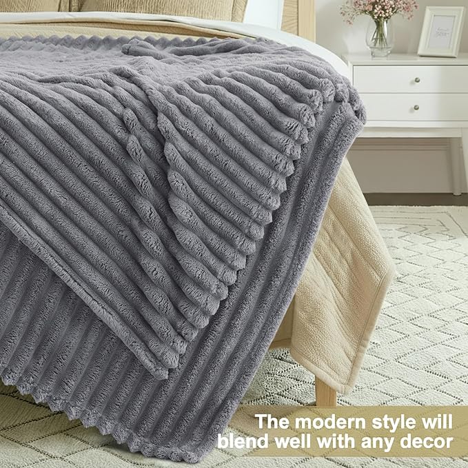 decorUhome Soft Fleece Grey Throw Blanket for Couch, Cozy Fluffy Plush Flannel Striped Blanket for Sofa Bed, Lightweight Decorative Ribbed Fuzzy Blanket for Woman, 50x60 Inches