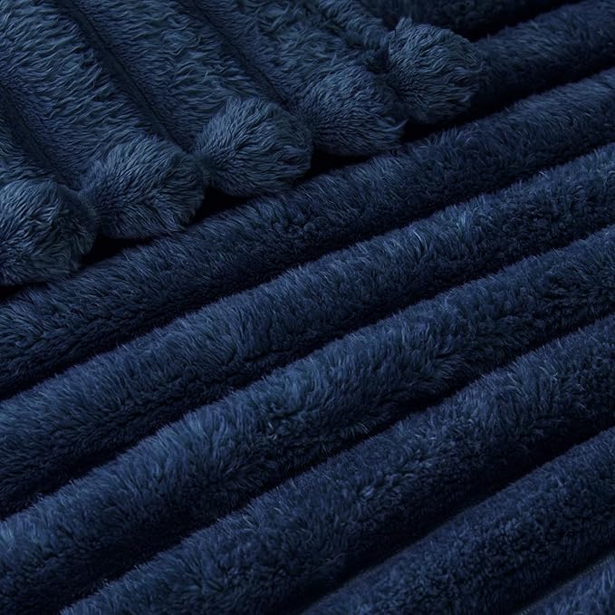 Exclusivo Mezcla Queen Size Flannel Fleece Blanket, Super Soft Striped Jacquard Bed Blanket, Lightweight Fuzzy Cozy for All Seasons, 90x90 Inches, Navy Blue