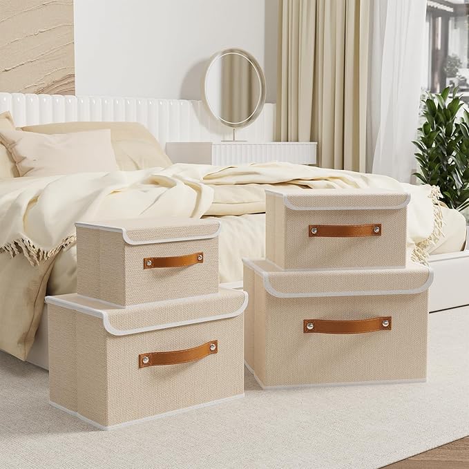 OUTBROS Fabric Storage Bins Cube Organizers with Flip-Top Lid and Handles,Storage Boxes for Organizing Home,Office,and Closet,Beige,5 Pack 10.2 x 7.9 x 6.7 in