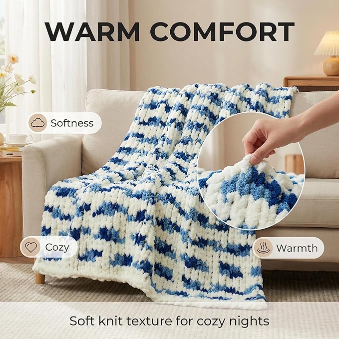 Amélie Home Chunky Knit Throw Blanket for Couch, Soft Chenille Crochet Blanket for Sofa, 50"x60", Space-Dyed Blue Striped