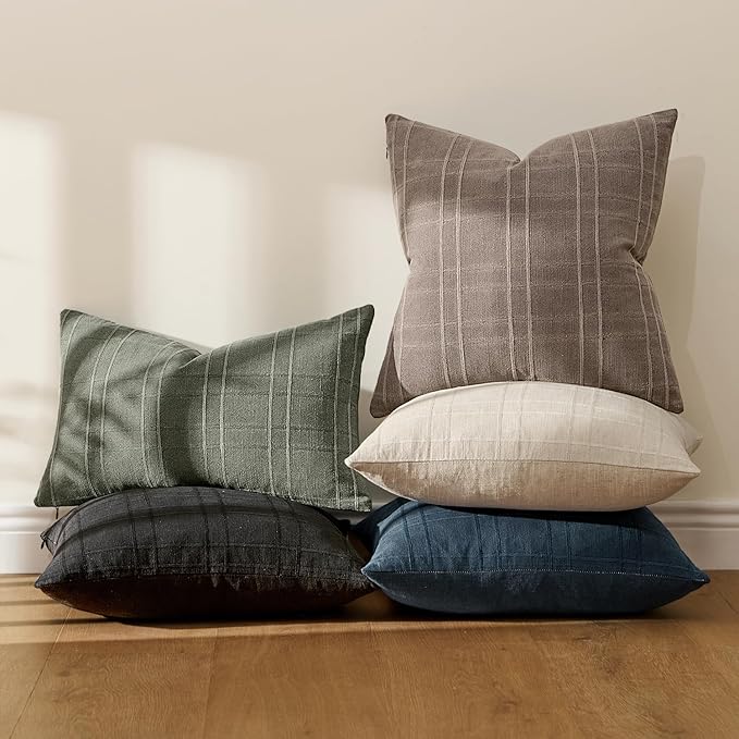 MIULEE Decorative Linen Check Euro Shams Throw Pillow Covers Neutral Farmhouse Vintage Pillow Covers 24x24 Set of 2 Boho Modern Winter Home Decor for Sofa Couch Bedroom Cushion Taupe