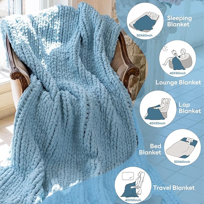 Chunky Knit Blanket - Luxury Soft Cozy 60 * 80 Throw Blanket,100% Woven Blanket Rope Knot Throw Blanket for Couch, Sofa, Home Decor, Gift - Machine Washable (Light Blue, 60 * 80)