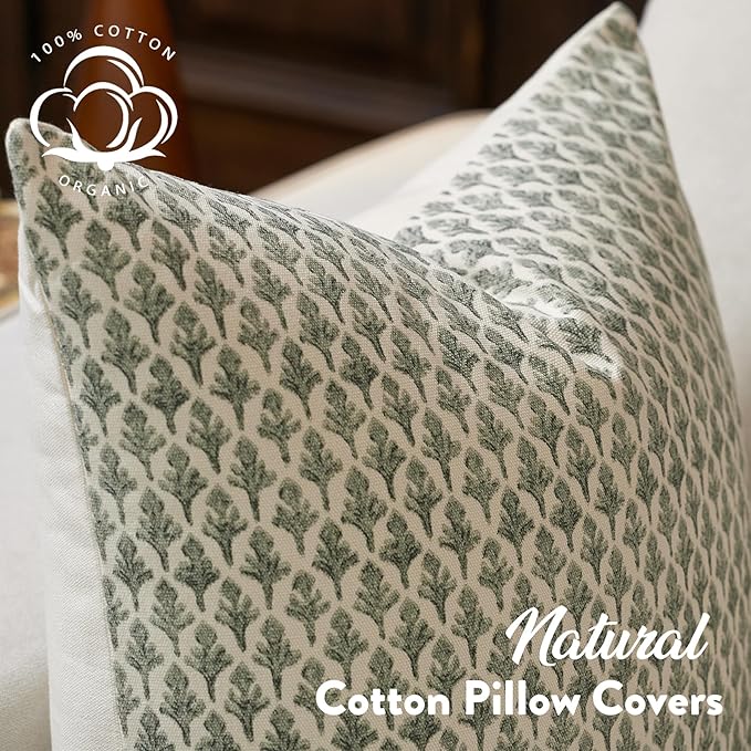 FIOUOVO Floral Pillow Covers 18x18 Pillow Cover Block Print Couch Pillows for Living Room Decorative Neutral Accent Throw Pillow Covers, 1PC, Olive Green