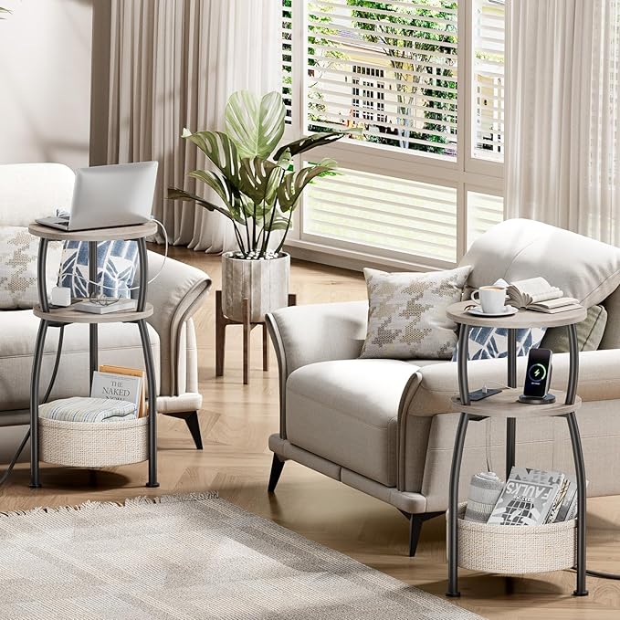 Side Table with Charging Station, Small Round End Table with Basket, USB Port and Outlet, 3 Tiers Sofa Couch Table Bedside Table for Living Room Bedroom, Small Spaces, 11.81in Greige