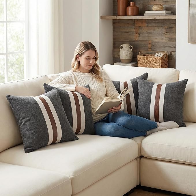 BOYSUM Set of 2 Leather Throw Pillow Covers Cotton Linen Decor Patchwork Pillow Cover Faux Leather Pillows Cover for Couch Sofa Living Room Bedroom,Black 24"x24"