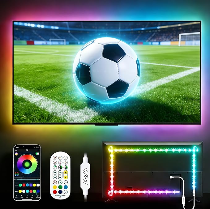 Daymeet LED Lights for TV, 23ft TV LED Lights for 75-100 inch,RGBICW TV Backlight Behind,USB Led Light Strip for Color Changing Music Sync Bluetooth APP Control for Bedroom