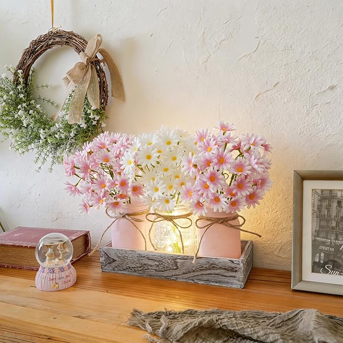 Mason Jar Lights Centerpiece Table Decor for Dining Room – Farmhouse Wood Tray with 3 Jars, Pink & White Daisy Flowers, Valentines Day & Wedding Decoration for Coffee Table, Kitchen, Living Room