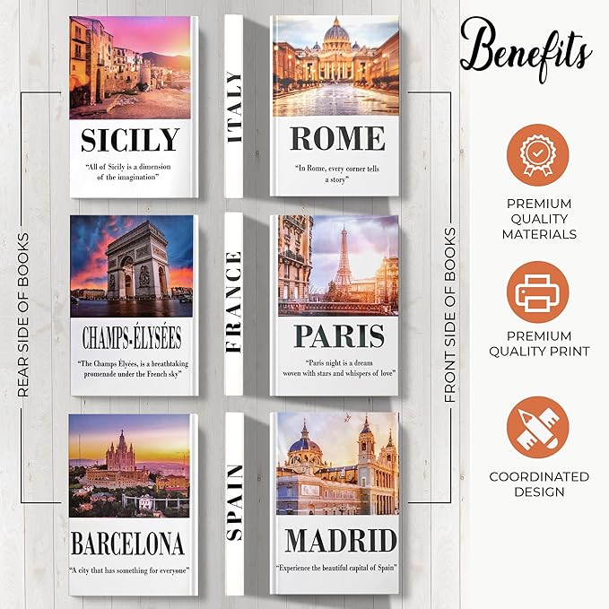 SIMPLIFY ASTHETIC - European Cities Decorative Books Set with 2 Busts Greek Methology and 3 Sets White Hardcover Coffee Table Books with Blank Pages, Home Decor Livingroom