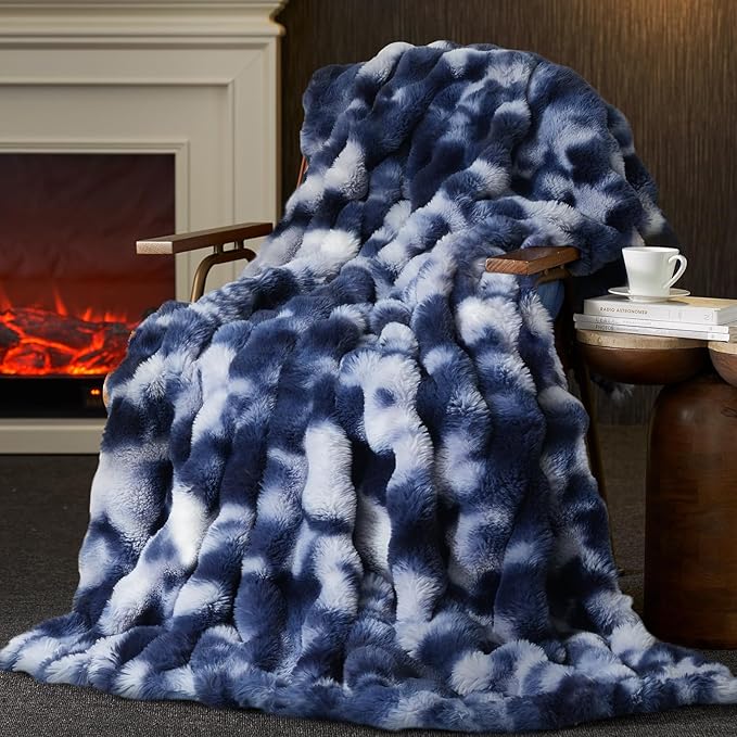 Amélie Home Faux Fur Throw Blanket for Couch, Ultra Soft Fuzzy Plush Bubble Throw for Sofa, Living Room & Home Decor, 50"x60", Tie-dye Blue