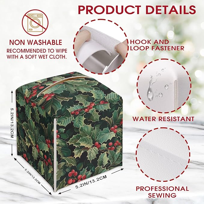 Holly Berries Christmas Tissue Box Cover Holder, Green Leather Tissue Box Cover Square, Xmas Gift Ideas for Family Friends, Bathroom Kitchen Car Office Home Table Decor(5.2 Inches)-B09