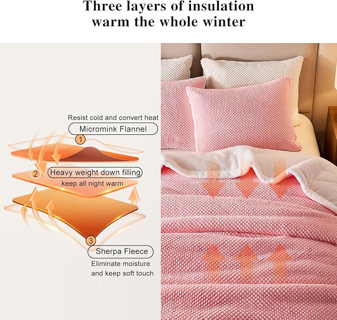 Luxury Flannel Fleece Sherpa Blankets Twin Size for Bed, Jacquard Boho 3-Layer Thick and Warm Blanket for Winter, Soft Cozy Fuzzy Plush Velvet Blanket with 2 Pillow Cases, Pink, 68x86 Inches