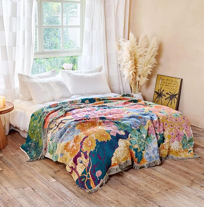 Boho Throw Blanket - 100% Cotton Throw Blankets for Bed Couch, 60"x80" Soft Muslin Lightweight Spring Throw Blanket, Cozy Oil Painting Bohemain Bedding Decor Green Throw Quilt