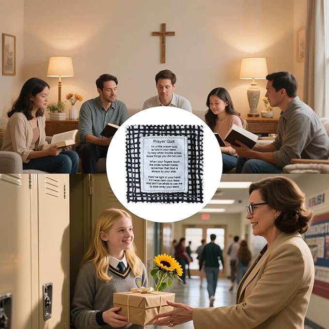 Mini Prayer Quilt with Cross Inside Vintage Pocket Scripture Prayer Quilt Squares Sympathy Christian Gifts for Women Pastor Appreciation Father's Day Graduates Gifts (Black)