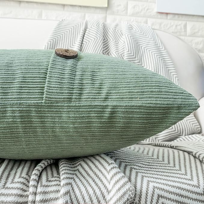 HWY 50 Sage Green Chenille Throw Pillow Covers 12x20 Inch with Triple Buttons, Soft Spring Farmhouse Accent Decorative Cushion Cases for Couch Sofa Bed Living Room Pack of 2 Rectangle