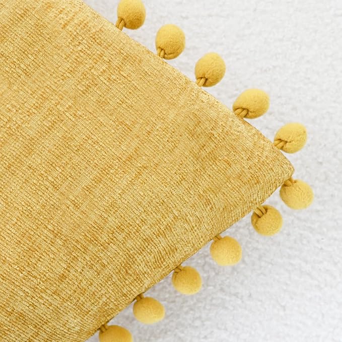 CaliTime Throw Pillow Covers Decorative 20 X 12 Inches Pack of 2 Cozy Solid Dyed Soft Chenille Cushion Cases with Pom Poms for Couch Sofa Bed Living Room Home Gold