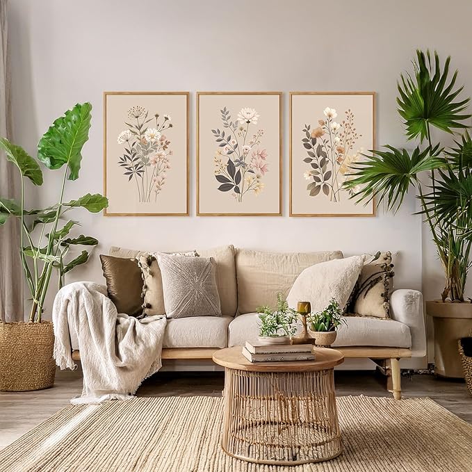 CHDITB Botanical Flower Framed Canvas Wall Art Set Of 3, Modern Nature Wildflower Wall Decor, Rustic Floral Wall Painting, Vintage Flowers Art Prints For Bedroom Living Room Office Decor (12X16 Inch)