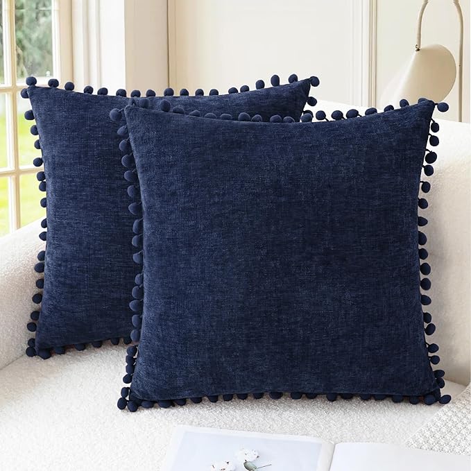 CaliTime Throw Pillow Covers Decorative 20 X 20 Inches Pack of 2 Cozy Solid Dyed Soft Chenille Cushion Cases with Pom Poms for Couch Sofa Bed Living Room Home Navy Blue