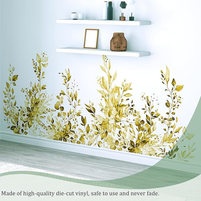 Yellow Plants Leaves Wall Decals Peel and Stick, Large Floral Flowers Vinyl Wall Stickers, Removable Vine Home Decor Art for Bedroom Living Room Classroom Office