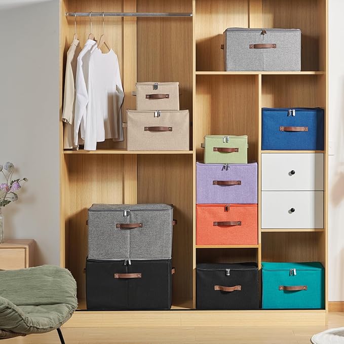 Storage Bins with Zipper Lid Cotton Linen Fabric Lidded Storage Baskets Boxes Foldable Washable Closet Shelf Clothes Organizer Container with PU Leather Handles (Teal Blue, Small)