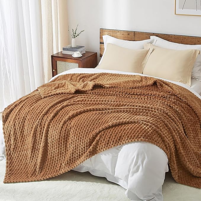 PHF Ultra Soft Flannel Fleece Blanket Queen Size, Lightweight 3D Jacquard Fleece Blanket, No Shedding, No Pilling, Luxury 340GSM Aesthetic Fluffy Cozy for Bed Room Decor, 90"x90", Brown Sugar/Toast