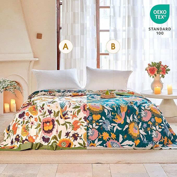 Boho Throw Blanket - 50"x60" 100% Cotton Ultra Soft Lightweight Blanket, 4-Layer Breathable Muslin Spring Blankets for Bed Couch, Reversible Green Floral Bird Printed Bohemian Cotton Quilt