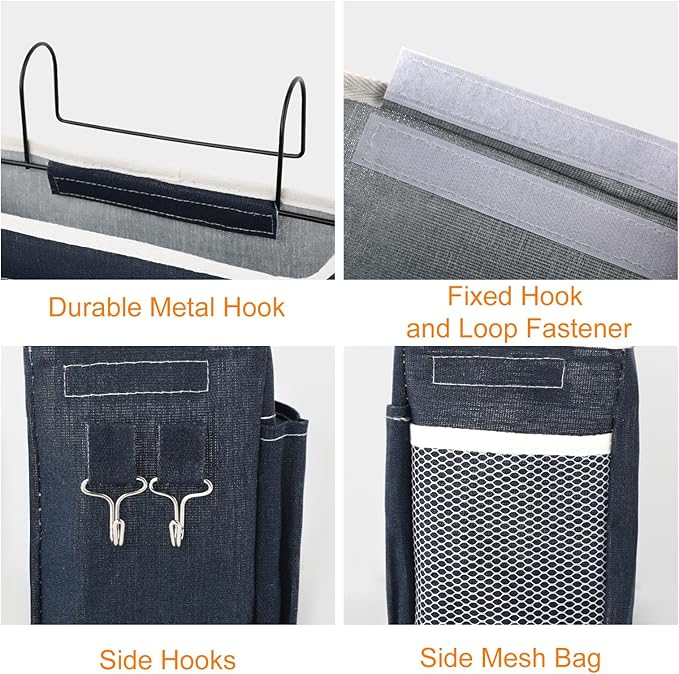 Surblue Bedside Caddy Bedside Storage Bag Hanging Organizer for Bunk, Hospital Beds, Dorm Rooms Bed Rails Camp 4 Pockets and 2 Hooks(Navy)