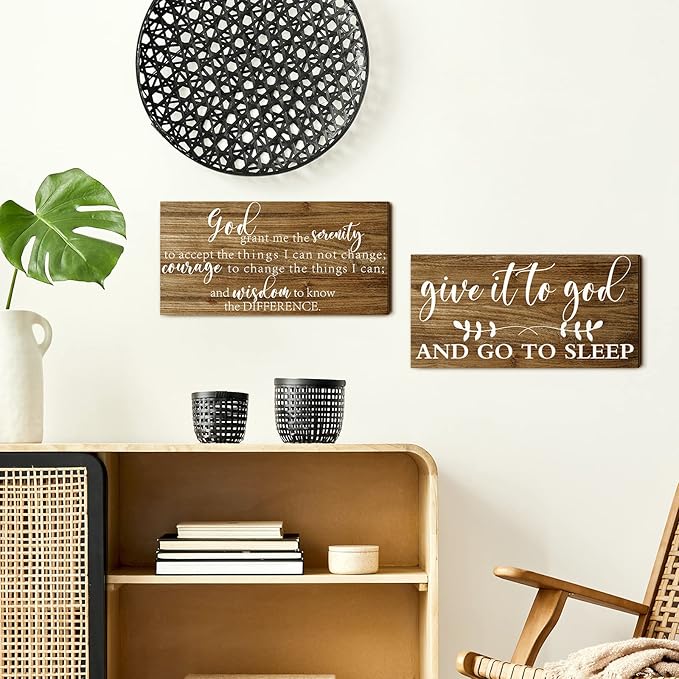 Chunful 2 Pcs Give It to God and Go to Sleep Sign Above Bed Wall Decor Serenity Prayer Sign Prayer Wall Art Rustic Farmhouse Vintage Bedroom Decor for Home(Vintage Style)
