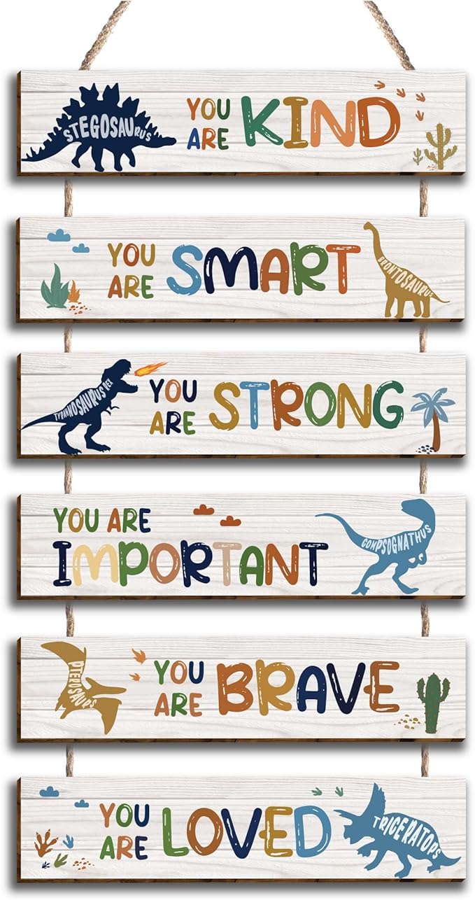 6 Pcs Dinosaur Decor Girls Room Decor Plaque Sign, Inspirational Watercolor Dinosaur Positive Quotes Wall Art Decor for Teens Bedroom Princess Toddler Room, Works of Art Made of Wood, Placards of Wood