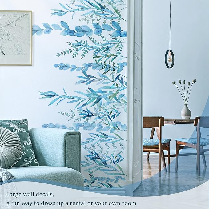 Blue Hanging String of Willow Wall Decals Peel and Stick, Large Plants Vinyl Wall Stickers, Removable Vine Home Decor Art for Bedroom Living Room Classroom Office