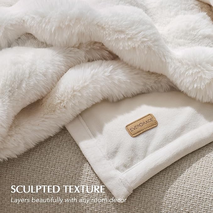 EverGrace Ultra Soft Luxury Fluffy Faux Rabbit Fur Throw Blanket, Thick Warm Bubble Throw for Bed, Cozy Plush Reversible Blankets for Couch, Chair, Sofa, Ivory White, 50x60 Inches