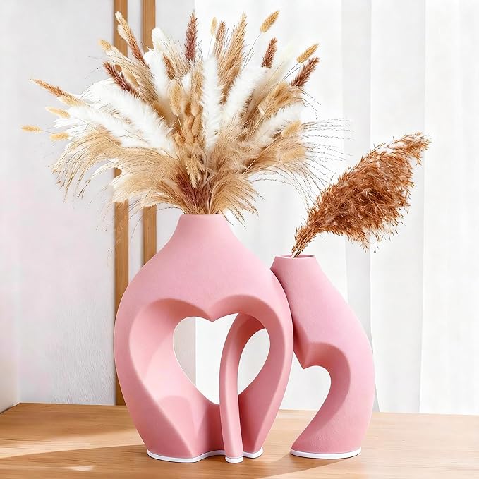 Zormon Pink Heart Shaped Ceramic Vases Set of 2, Modern Nordic Minimalist Flower Vases for Home Decor, Hollow Aesthetic Vases for Living Room, Shelf, Table, Office and Wedding Centerpieces
