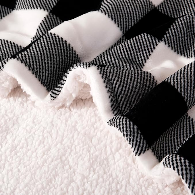 Elegant Comfort Luxury Ultra-Plush Velvet Touch Buffalo Plaid Fleece Throw - Soft, Warm, Cozy Micromink Sherpa-Backing Reversible Blanket for Bed, Sofa and Couch, Buffalo Black