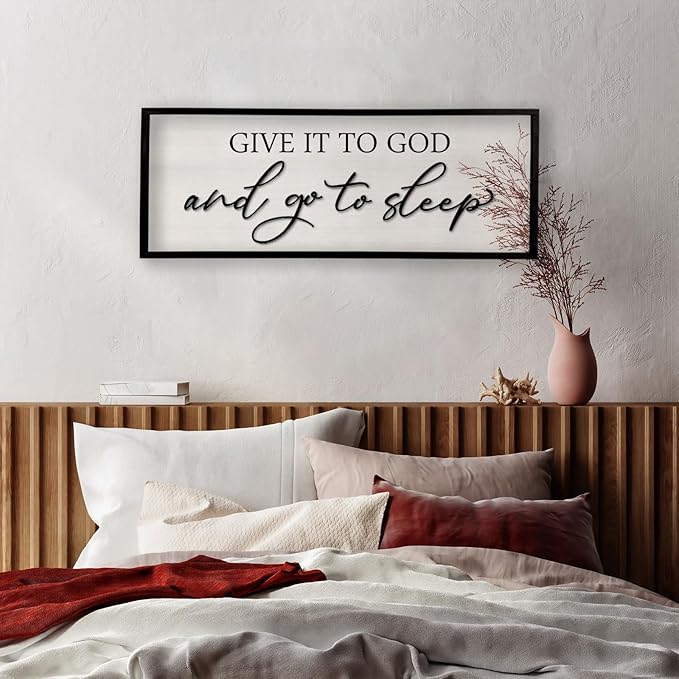 Give it to God and Go to Sleep Sign Wall Decor Wood Frame 40" X 15" Master Bedroom Above Bed Large Rustic Farmhouse Hanging Over Bed Wall Art Guest Room Decoration (Black)