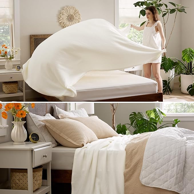 Bedsure GentleSoft 100% Cotton Blanket King Size for Bed - Breathable and Lightweight, Soft Cozy Textured Herringbone Woven Blanket for Summer, Cream, 108x90 inches