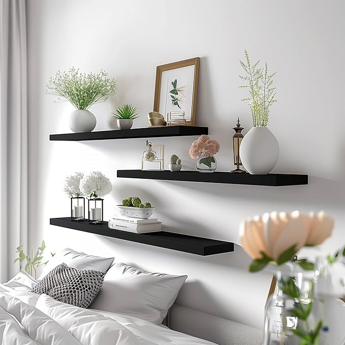Wood Floating Shelves for Wall Decor, Rustic Wall Shelves for Bedroom Bathroom Kitchen Living Room, Set of 4 Black 36 Inch