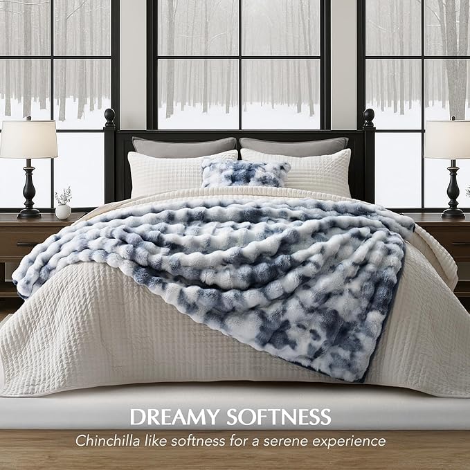 EverGrace Ultra Soft Luxury Fluffy Faux Rabbit Fur Throw Blanket, Thick Warm Bubble Throw for Bed, Cozy Plush Reversible Blankets for Couch, Chair, Sofa, Cloud Blue, 60x80 Inches